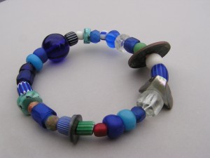Bracelet with various trade beads and blue Gooseberries