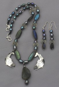 Photo of the Rain-Spawn-Salmon Trade Bead Necklace with Sterling Salish Salmon pendants